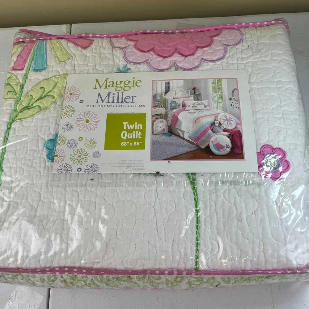 Maggie Miller Children's Twin Quilt 68x86 Pink Bird Floral Stripe Kids Bedding